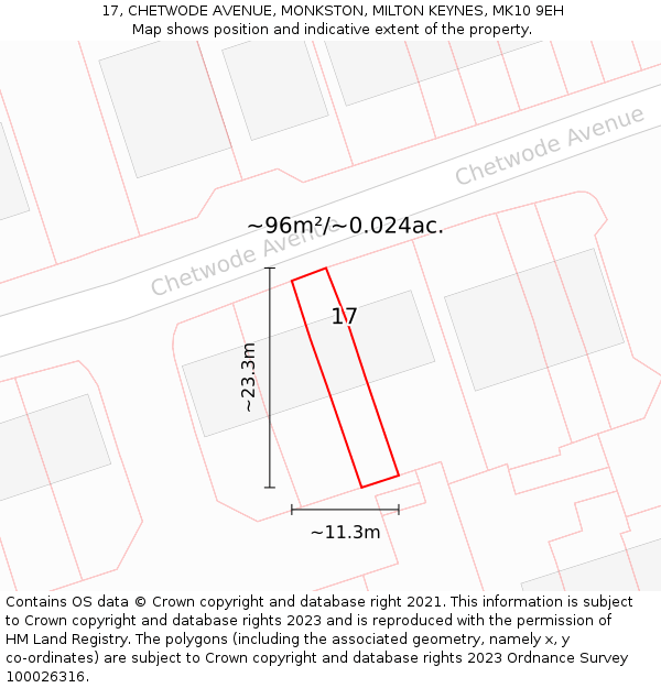 17, CHETWODE AVENUE, MONKSTON, MILTON KEYNES, MK10 9EH: Plot and title map