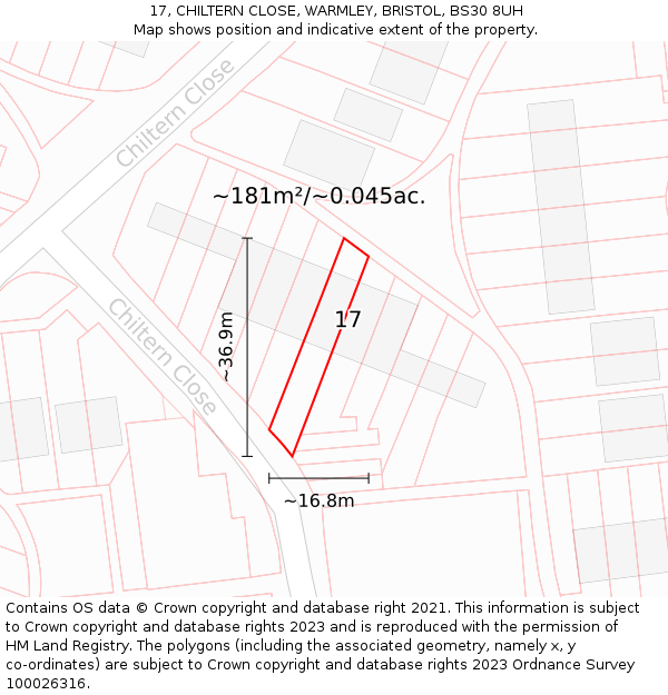 17, CHILTERN CLOSE, WARMLEY, BRISTOL, BS30 8UH: Plot and title map
