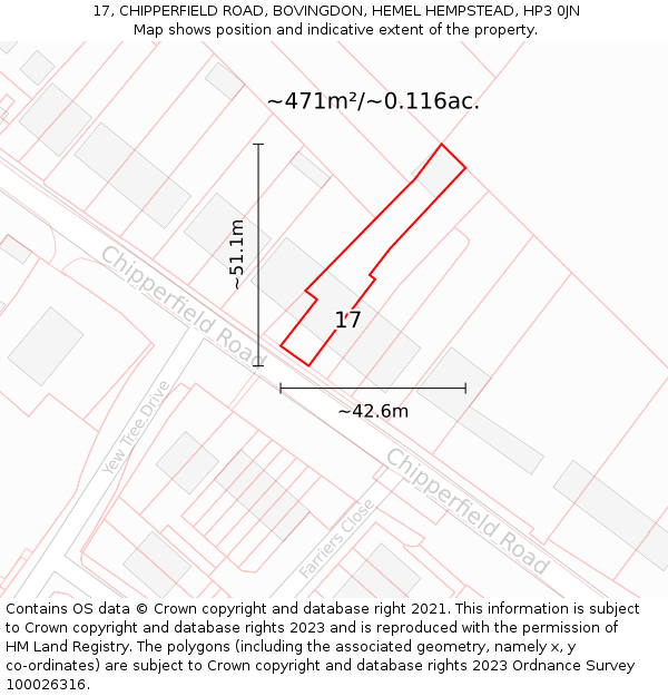 17, CHIPPERFIELD ROAD, BOVINGDON, HEMEL HEMPSTEAD, HP3 0JN: Plot and title map