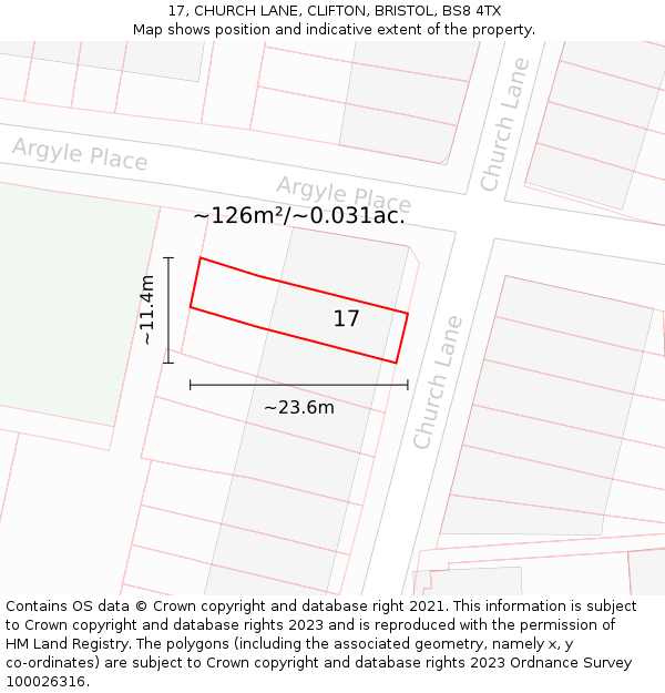 17, CHURCH LANE, CLIFTON, BRISTOL, BS8 4TX: Plot and title map