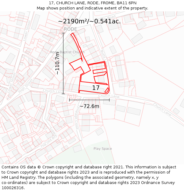 17, CHURCH LANE, RODE, FROME, BA11 6PN: Plot and title map