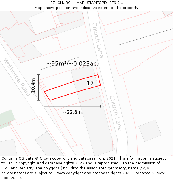 17, CHURCH LANE, STAMFORD, PE9 2JU: Plot and title map