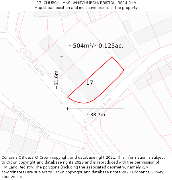 17, CHURCH LANE, WHITCHURCH, BRISTOL, BS14 0HA: Plot and title map