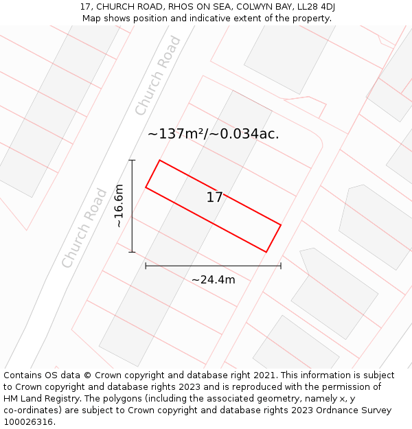 17, CHURCH ROAD, RHOS ON SEA, COLWYN BAY, LL28 4DJ: Plot and title map