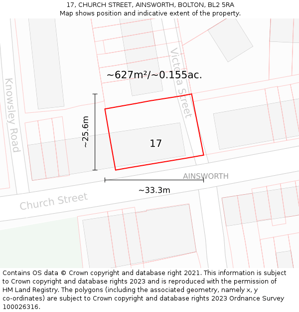 17, CHURCH STREET, AINSWORTH, BOLTON, BL2 5RA: Plot and title map