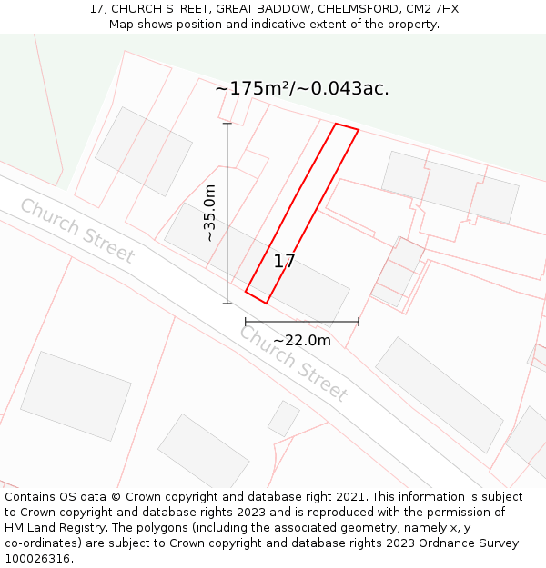 17, CHURCH STREET, GREAT BADDOW, CHELMSFORD, CM2 7HX: Plot and title map