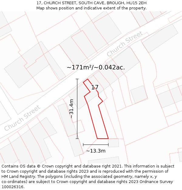 17, CHURCH STREET, SOUTH CAVE, BROUGH, HU15 2EH: Plot and title map