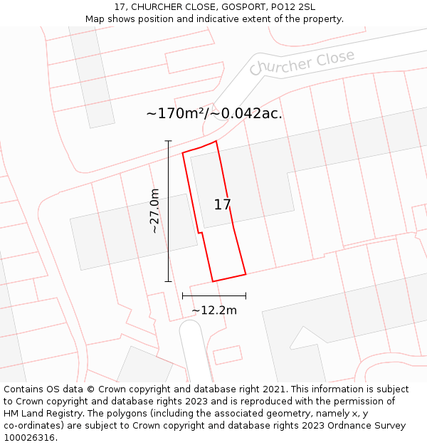 17, CHURCHER CLOSE, GOSPORT, PO12 2SL: Plot and title map