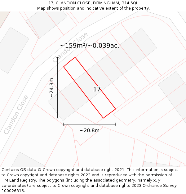 17, CLANDON CLOSE, BIRMINGHAM, B14 5QL: Plot and title map