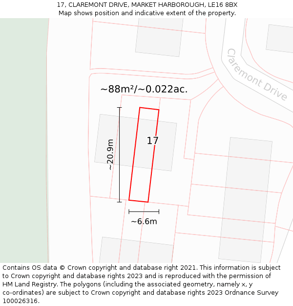 17, CLAREMONT DRIVE, MARKET HARBOROUGH, LE16 8BX: Plot and title map