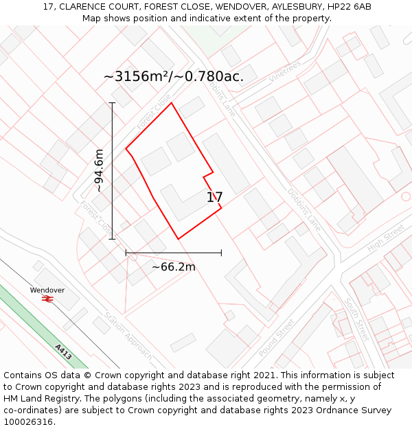 17, CLARENCE COURT, FOREST CLOSE, WENDOVER, AYLESBURY, HP22 6AB: Plot and title map