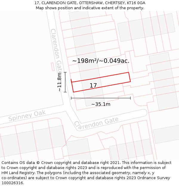 17, CLARENDON GATE, OTTERSHAW, CHERTSEY, KT16 0GA: Plot and title map
