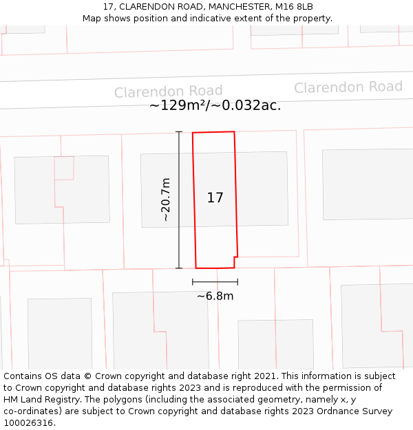 17, CLARENDON ROAD, MANCHESTER, M16 8LB: Plot and title map