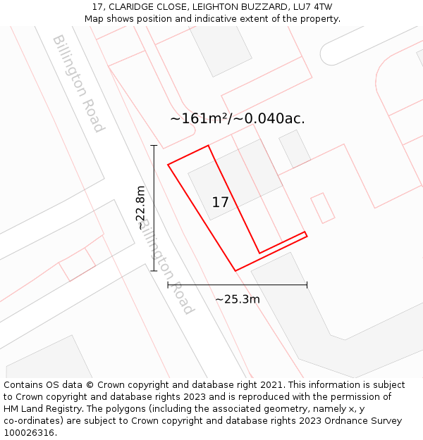 17, CLARIDGE CLOSE, LEIGHTON BUZZARD, LU7 4TW: Plot and title map