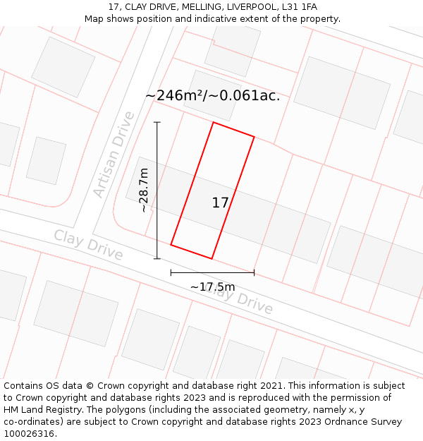 17, CLAY DRIVE, MELLING, LIVERPOOL, L31 1FA: Plot and title map