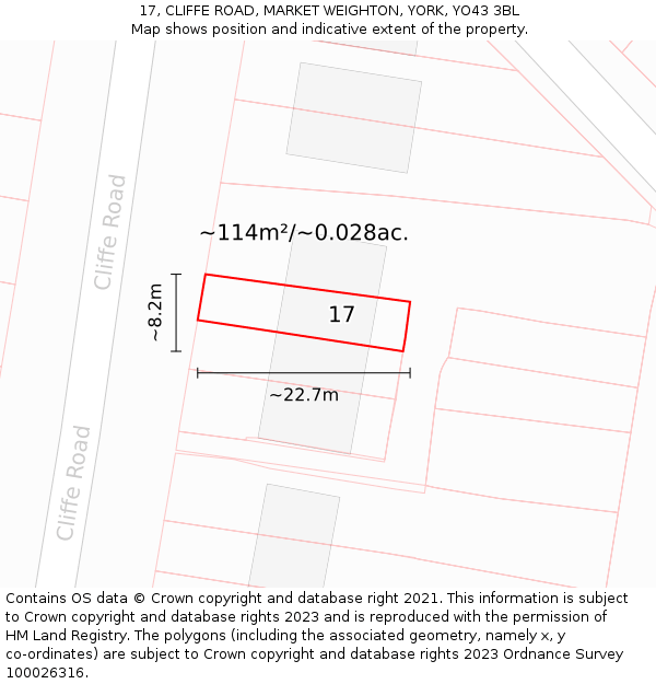 17, CLIFFE ROAD, MARKET WEIGHTON, YORK, YO43 3BL: Plot and title map