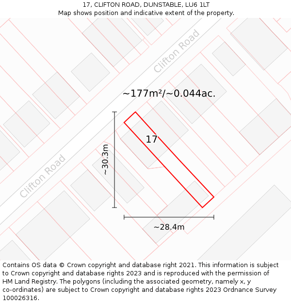 17, CLIFTON ROAD, DUNSTABLE, LU6 1LT: Plot and title map