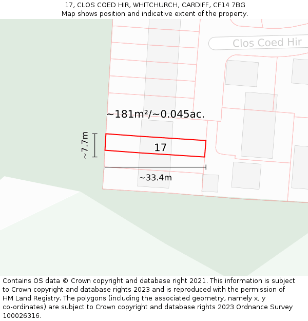 17, CLOS COED HIR, WHITCHURCH, CARDIFF, CF14 7BG: Plot and title map