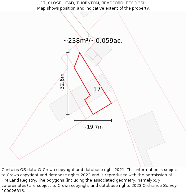 17, CLOSE HEAD, THORNTON, BRADFORD, BD13 3SH: Plot and title map
