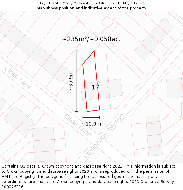 17, CLOSE LANE, ALSAGER, STOKE-ON-TRENT, ST7 2JS: Plot and title map