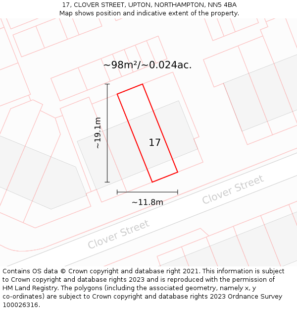 17, CLOVER STREET, UPTON, NORTHAMPTON, NN5 4BA: Plot and title map