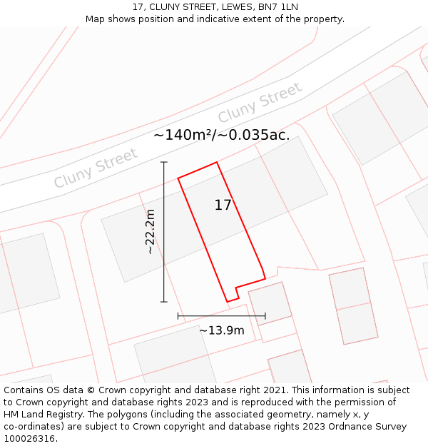 17, CLUNY STREET, LEWES, BN7 1LN: Plot and title map