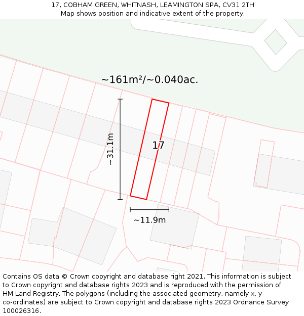 17, COBHAM GREEN, WHITNASH, LEAMINGTON SPA, CV31 2TH: Plot and title map