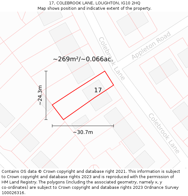 17, COLEBROOK LANE, LOUGHTON, IG10 2HQ: Plot and title map