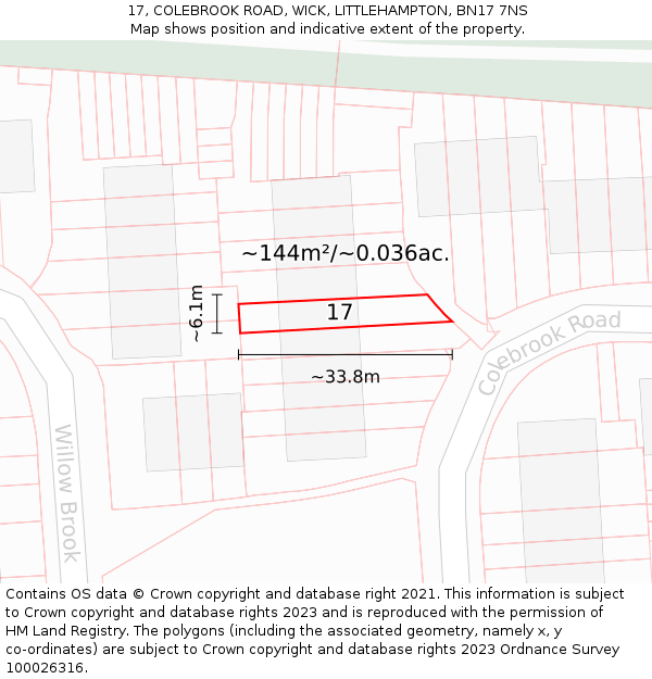 17, COLEBROOK ROAD, WICK, LITTLEHAMPTON, BN17 7NS: Plot and title map