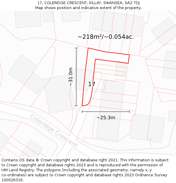 17, COLERIDGE CRESCENT, KILLAY, SWANSEA, SA2 7DJ: Plot and title map