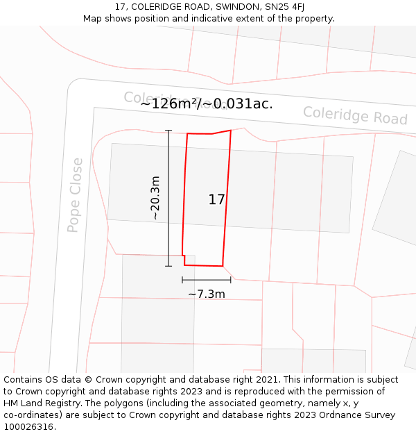 17, COLERIDGE ROAD, SWINDON, SN25 4FJ: Plot and title map
