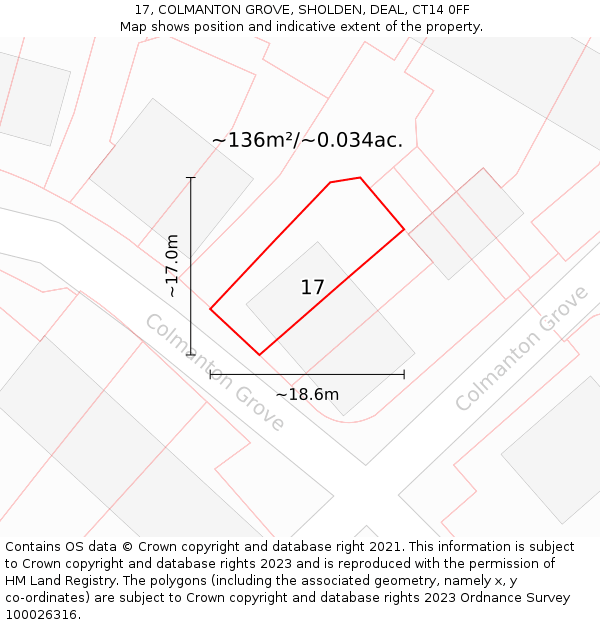 17, COLMANTON GROVE, SHOLDEN, DEAL, CT14 0FF: Plot and title map