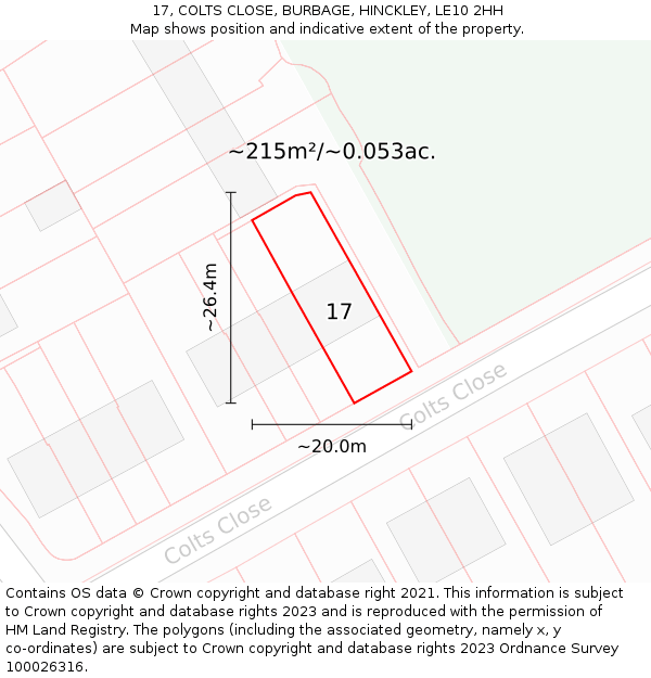 17, COLTS CLOSE, BURBAGE, HINCKLEY, LE10 2HH: Plot and title map