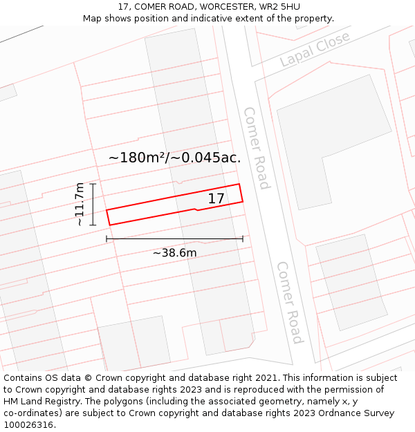 17, COMER ROAD, WORCESTER, WR2 5HU: Plot and title map