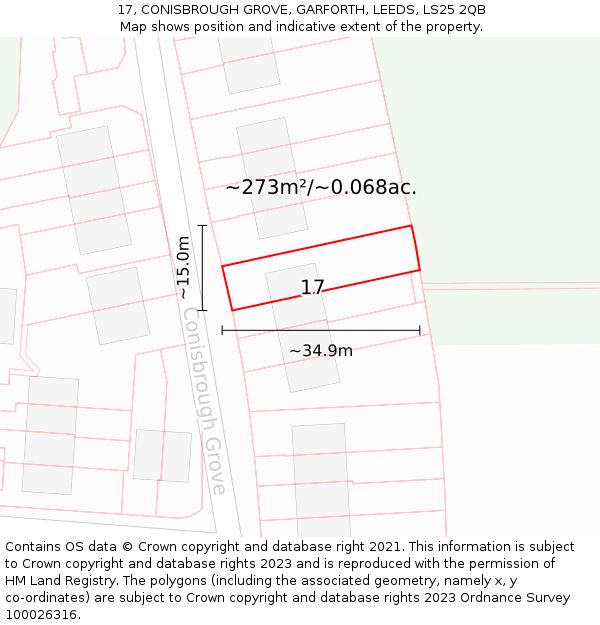 17, CONISBROUGH GROVE, GARFORTH, LEEDS, LS25 2QB: Plot and title map