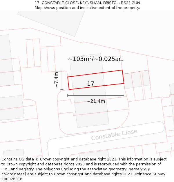 17, CONSTABLE CLOSE, KEYNSHAM, BRISTOL, BS31 2UN: Plot and title map