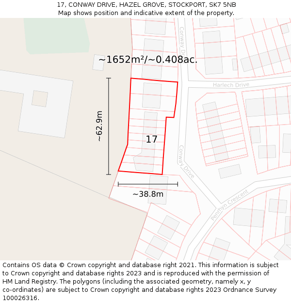 17, CONWAY DRIVE, HAZEL GROVE, STOCKPORT, SK7 5NB: Plot and title map