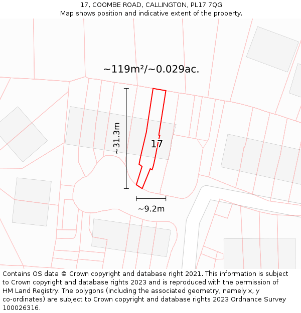 17, COOMBE ROAD, CALLINGTON, PL17 7QG: Plot and title map