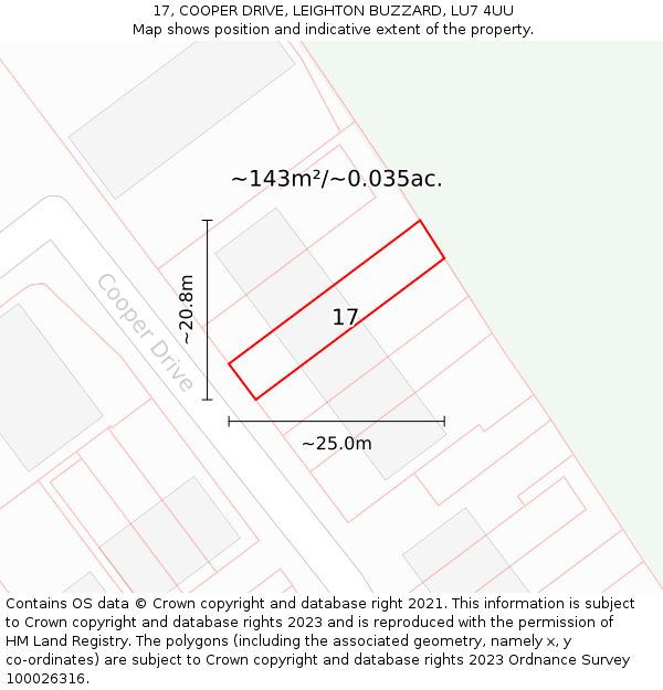 17, COOPER DRIVE, LEIGHTON BUZZARD, LU7 4UU: Plot and title map