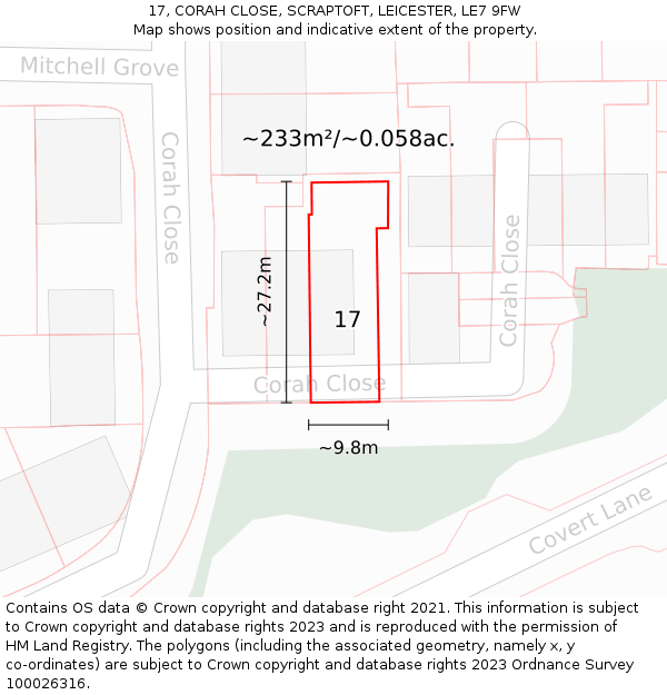 17, CORAH CLOSE, SCRAPTOFT, LEICESTER, LE7 9FW: Plot and title map