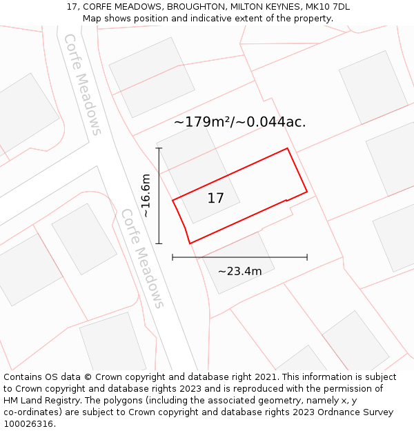 17, CORFE MEADOWS, BROUGHTON, MILTON KEYNES, MK10 7DL: Plot and title map