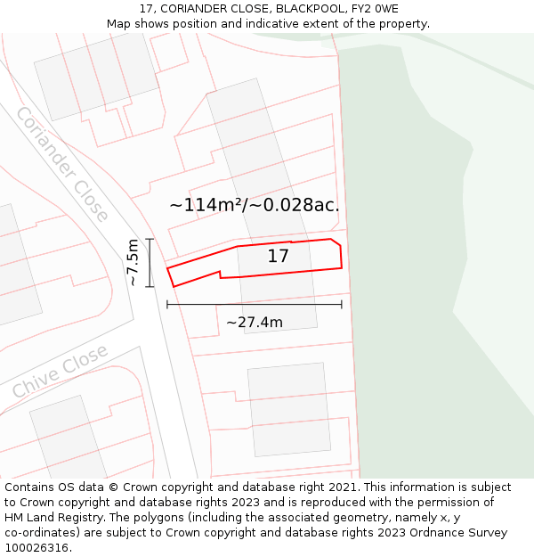 17, CORIANDER CLOSE, BLACKPOOL, FY2 0WE: Plot and title map
