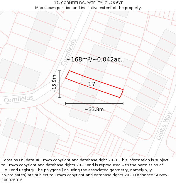 17, CORNFIELDS, YATELEY, GU46 6YT: Plot and title map