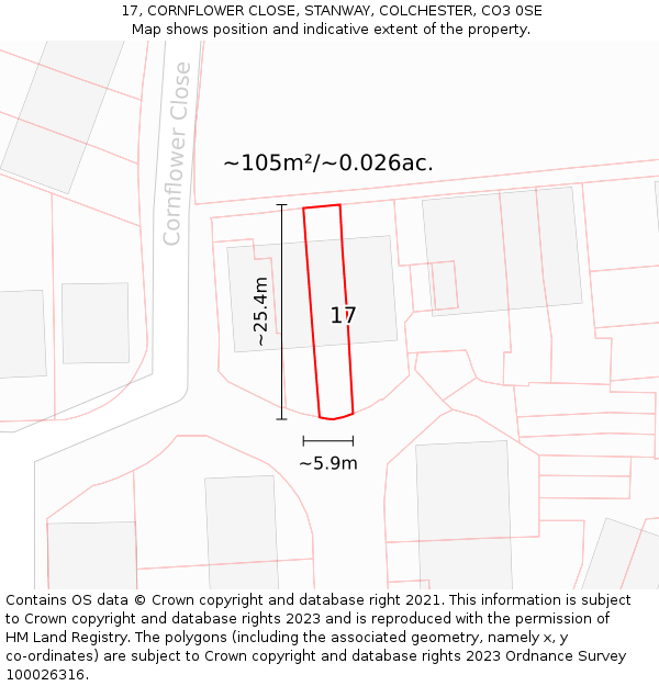 17, CORNFLOWER CLOSE, STANWAY, COLCHESTER, CO3 0SE: Plot and title map