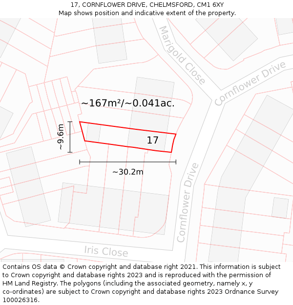 17, CORNFLOWER DRIVE, CHELMSFORD, CM1 6XY: Plot and title map
