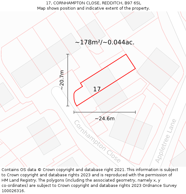 17, CORNHAMPTON CLOSE, REDDITCH, B97 6SL: Plot and title map