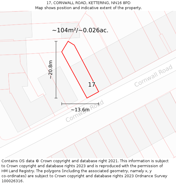 17, CORNWALL ROAD, KETTERING, NN16 8PD: Plot and title map
