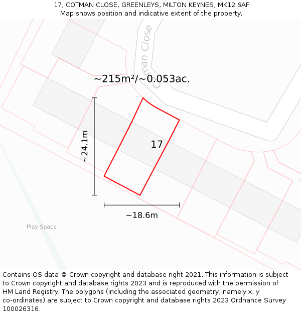 17, COTMAN CLOSE, GREENLEYS, MILTON KEYNES, MK12 6AF: Plot and title map