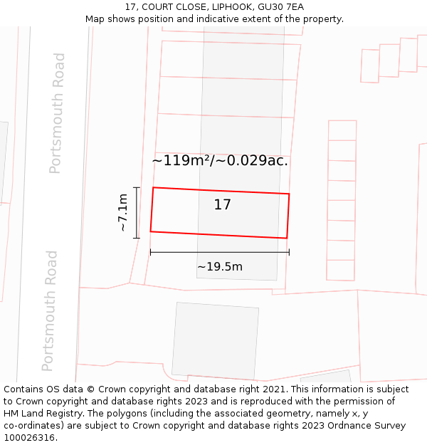 17, COURT CLOSE, LIPHOOK, GU30 7EA: Plot and title map