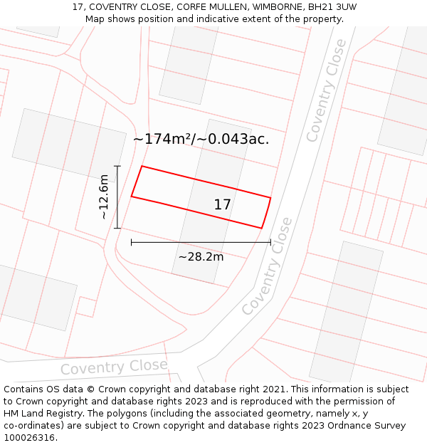 17, COVENTRY CLOSE, CORFE MULLEN, WIMBORNE, BH21 3UW: Plot and title map